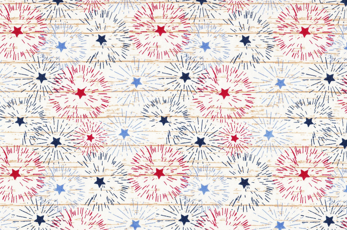 Patriotic Fireworks on White Texture 100% Cotton Price per Yard