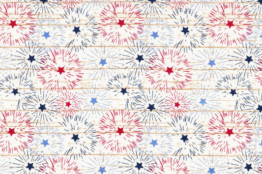 Patriotic Fireworks on White Texture 100% Cotton Price per Yard