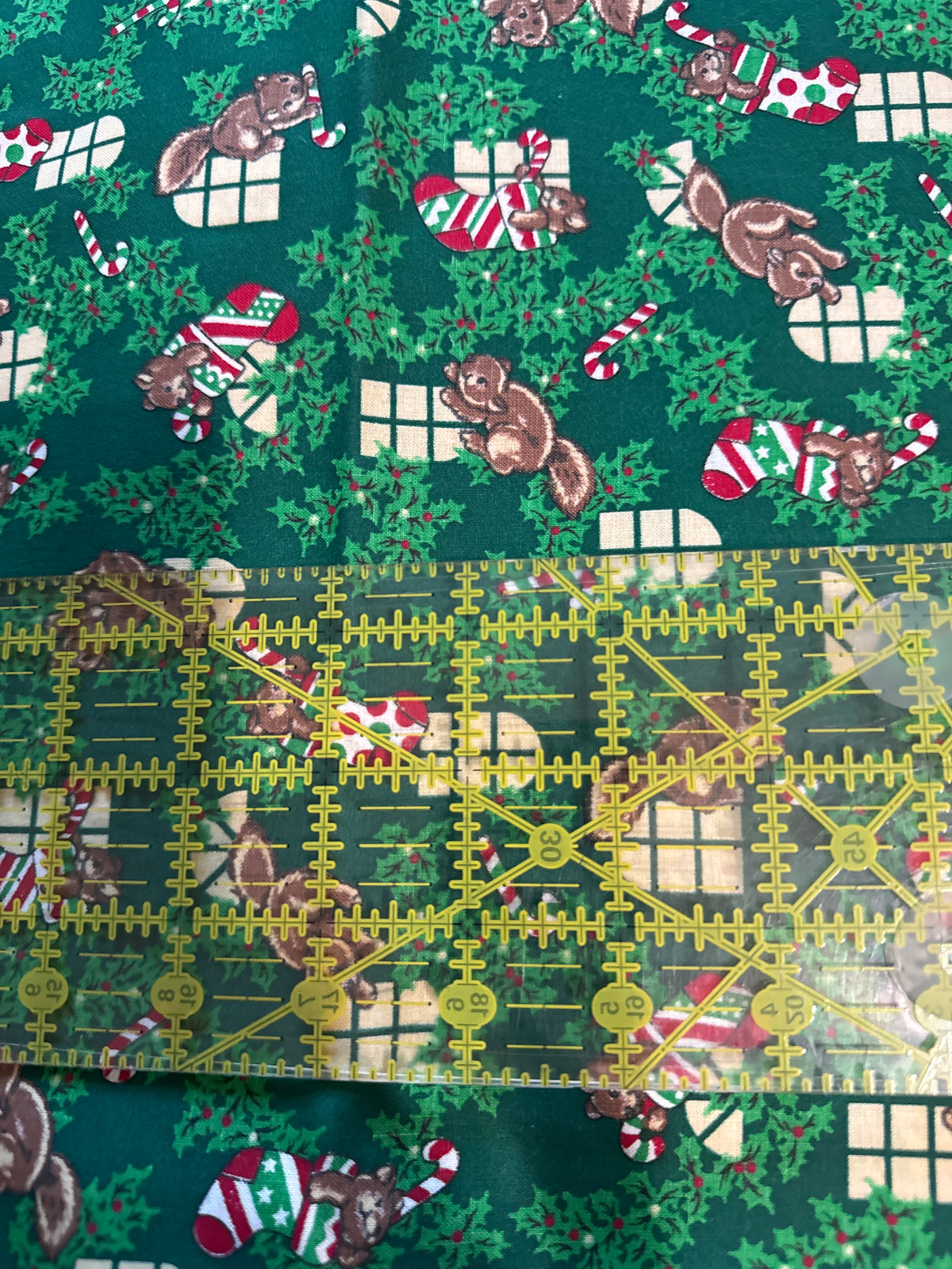 Christmas Vintage Squirrels Stockings on Green 100% Lightweight Cotton Price per Yard