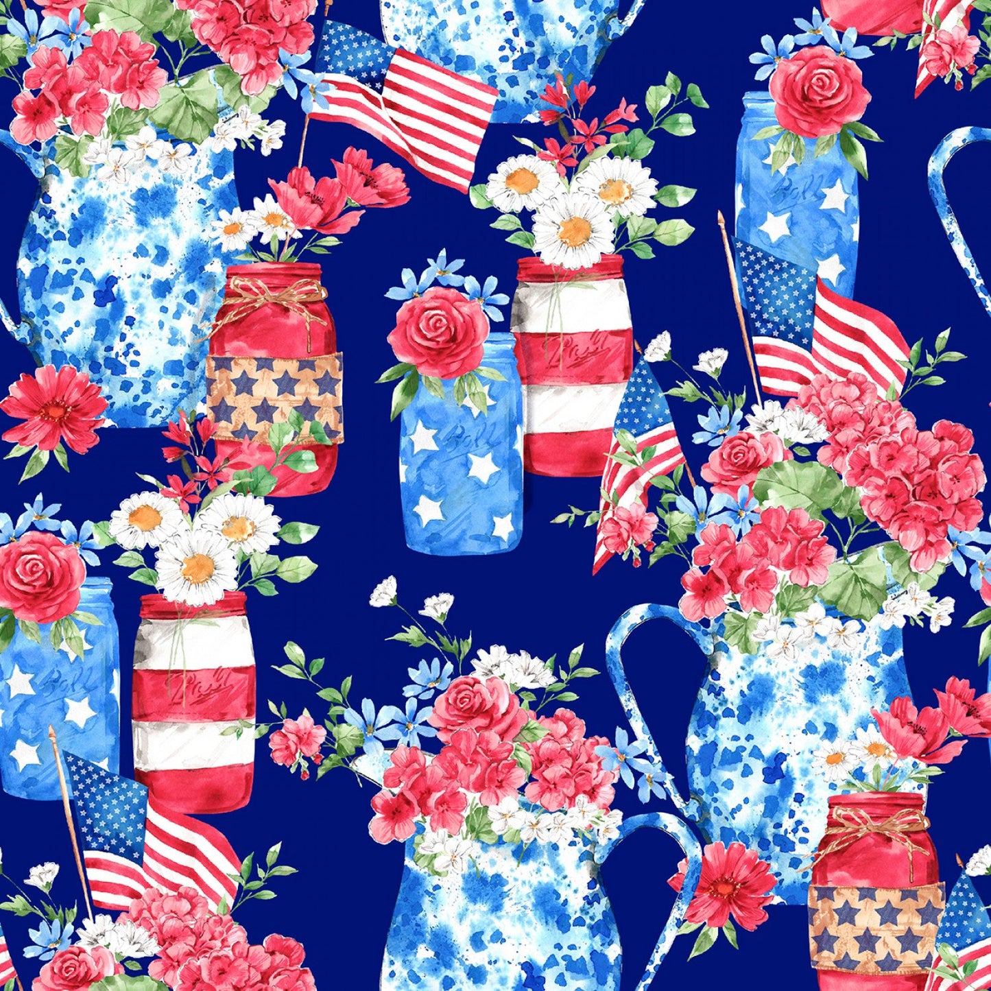 3 Wishes Fabric Patriotic Victory Mason Jar Floral Price per Yard