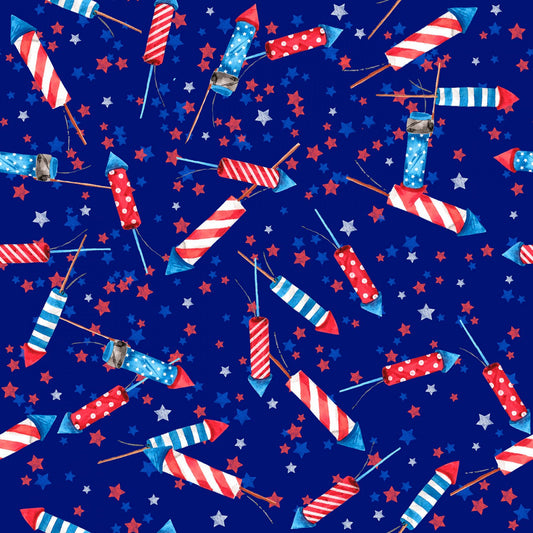 Pattern of red, white, and blue firecrackers on a blue background with stars.