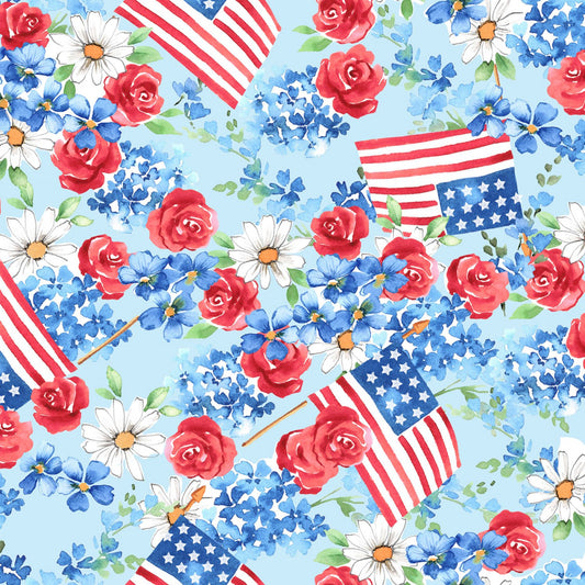 3 Wishes Fabric Patriotic Victory Floral and Flags on Light Blue Price per Yard