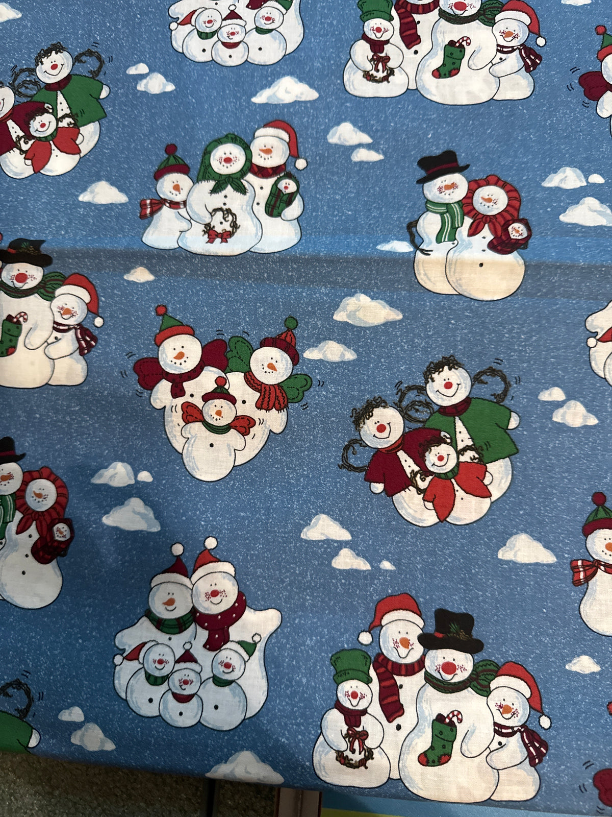 Christmas Vintage Snowmen and Clouds on Blue 100% Lightweight Cotton Price per Yard