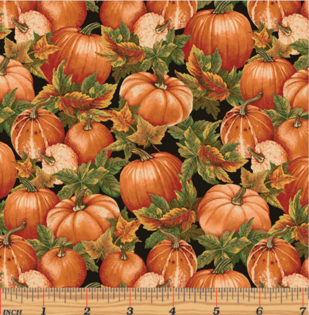 44 x 36 Pumpkin Fields on Black Fall Thanksgiving Benartex 100% Cotton Fabric