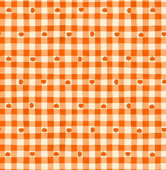 Thanksgiving Pumpkins on Orange Gingham Plaid 100% Cotton Price per Yard