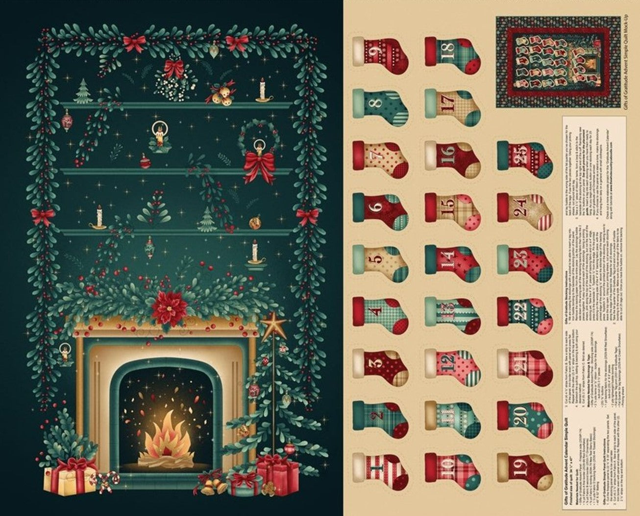 Christmas Advent Calendar Panel Stockings Gifts of Gratitude on Green Teal Cream