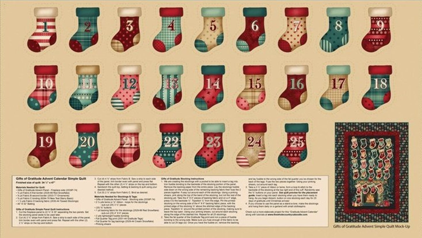 Christmas Advent Calendar Panel Stockings Gifts of Gratitude on Green Teal Cream