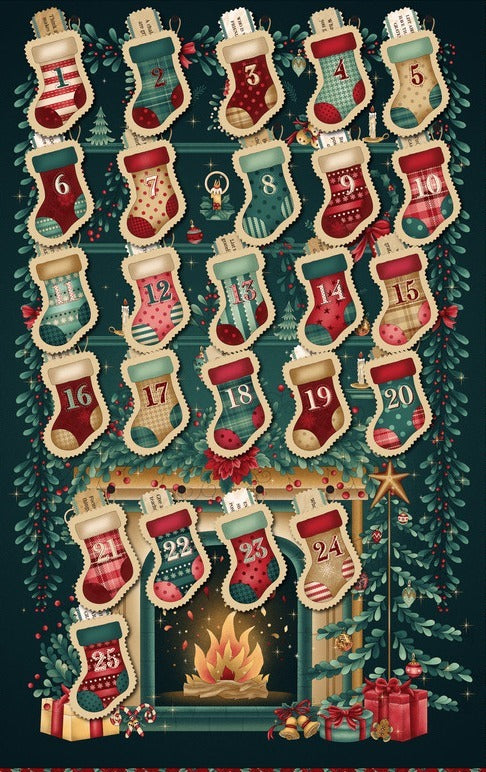 Christmas Advent Calendar Panel Stockings Gifts of Gratitude on Green Teal Cream