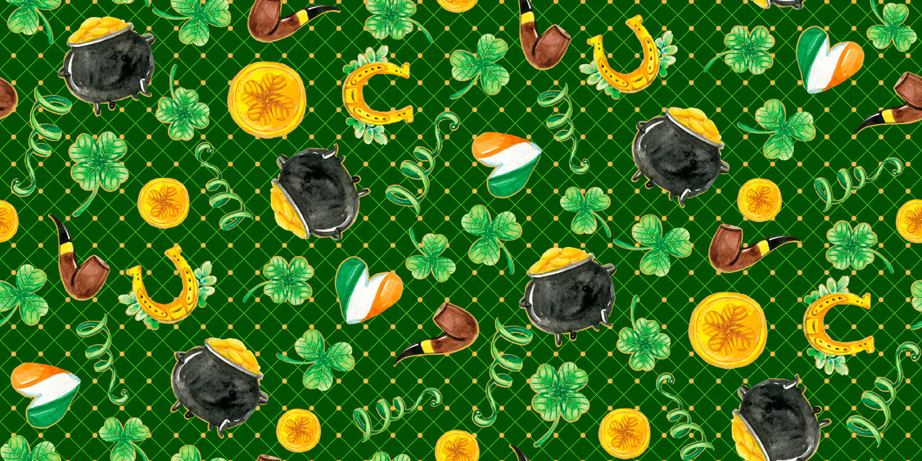 44 x 36 St. Patrick's Day Irish Motifs on Green Grid 100% Cotton