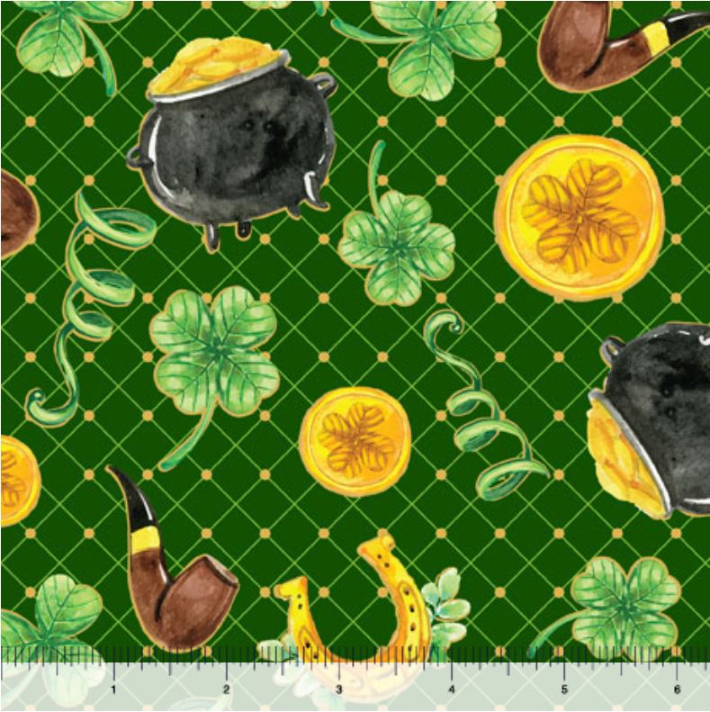 44 x 36 St. Patrick's Day Irish Motifs on Green Grid 100% Cotton