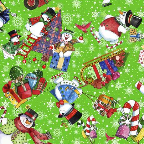 44 x 36 Snowman toss on Green Quilting Treasures 100% Cotton Christmas