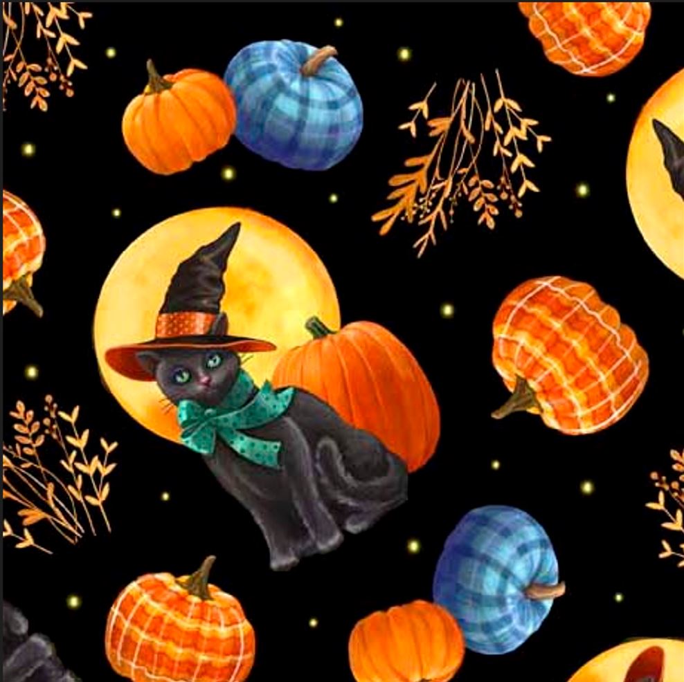 44 x 36 Cat and Pumpkin Toss On Black Quilting Treasures 100% Cotton Halloween
