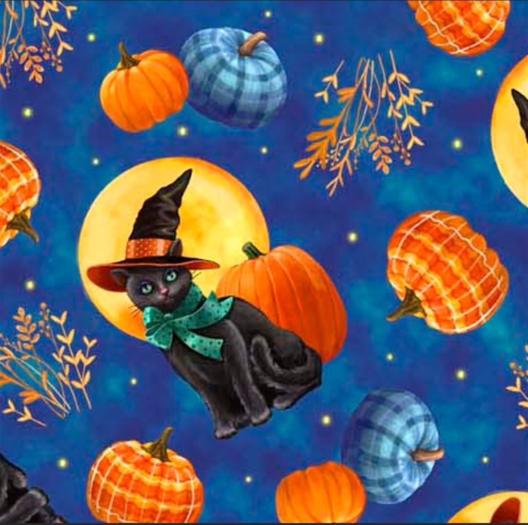 44 x 36 Cat and Pumpkin Toss On Blue Quilting Treasures 100% Cotton Halloween