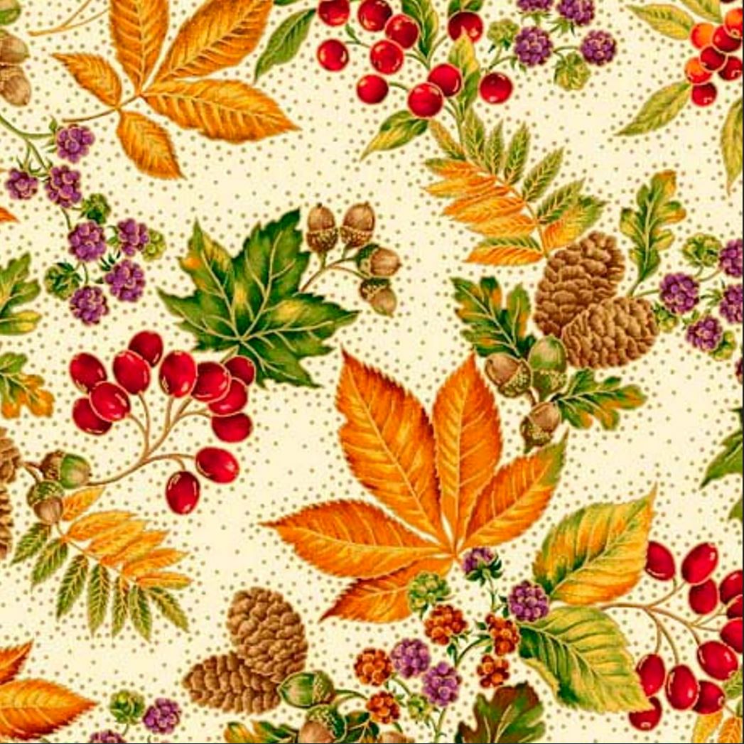44 x 36 Harvest leaves Pinecones Dots On Cream Quilting Treasures 100% Cotton Thanksgiving