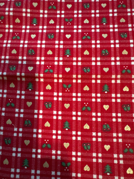 Christmas Vintage Metallic Gold Hearts on Red Plaid 100% Lightweight Cotton Price per Yard