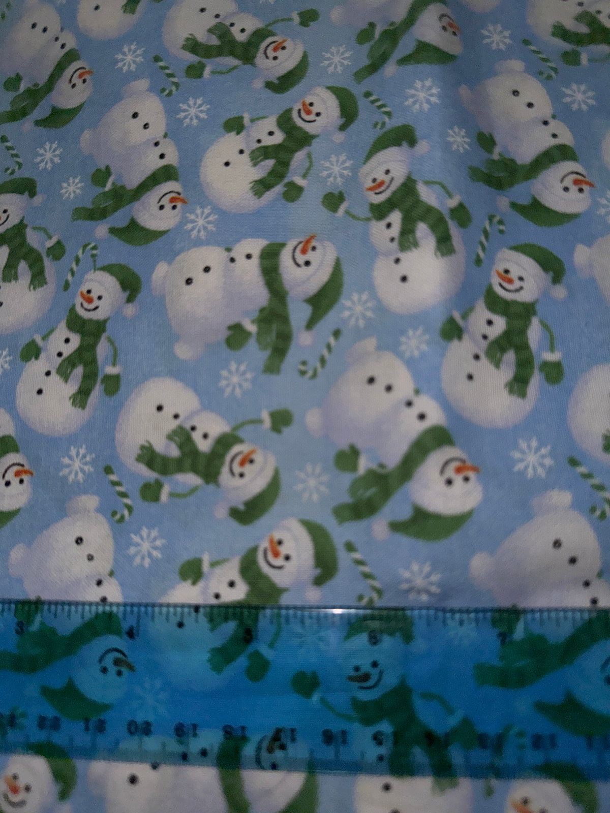 Christmas Fabric Snowmen with Green Scarves on Light Blue 100% Cotton