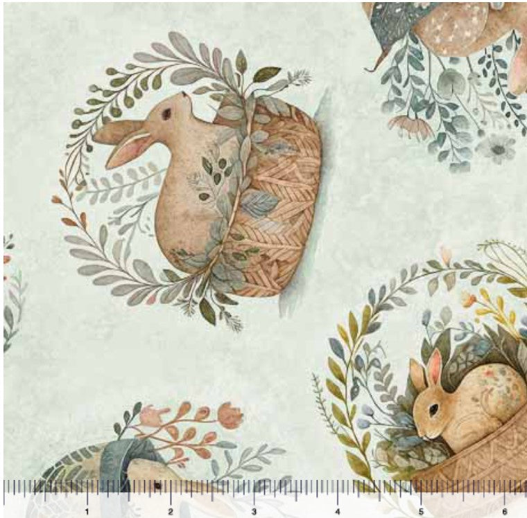 Quilting Treasures Easter Cotton Tails Rabbit & Basket Toss on Sage
