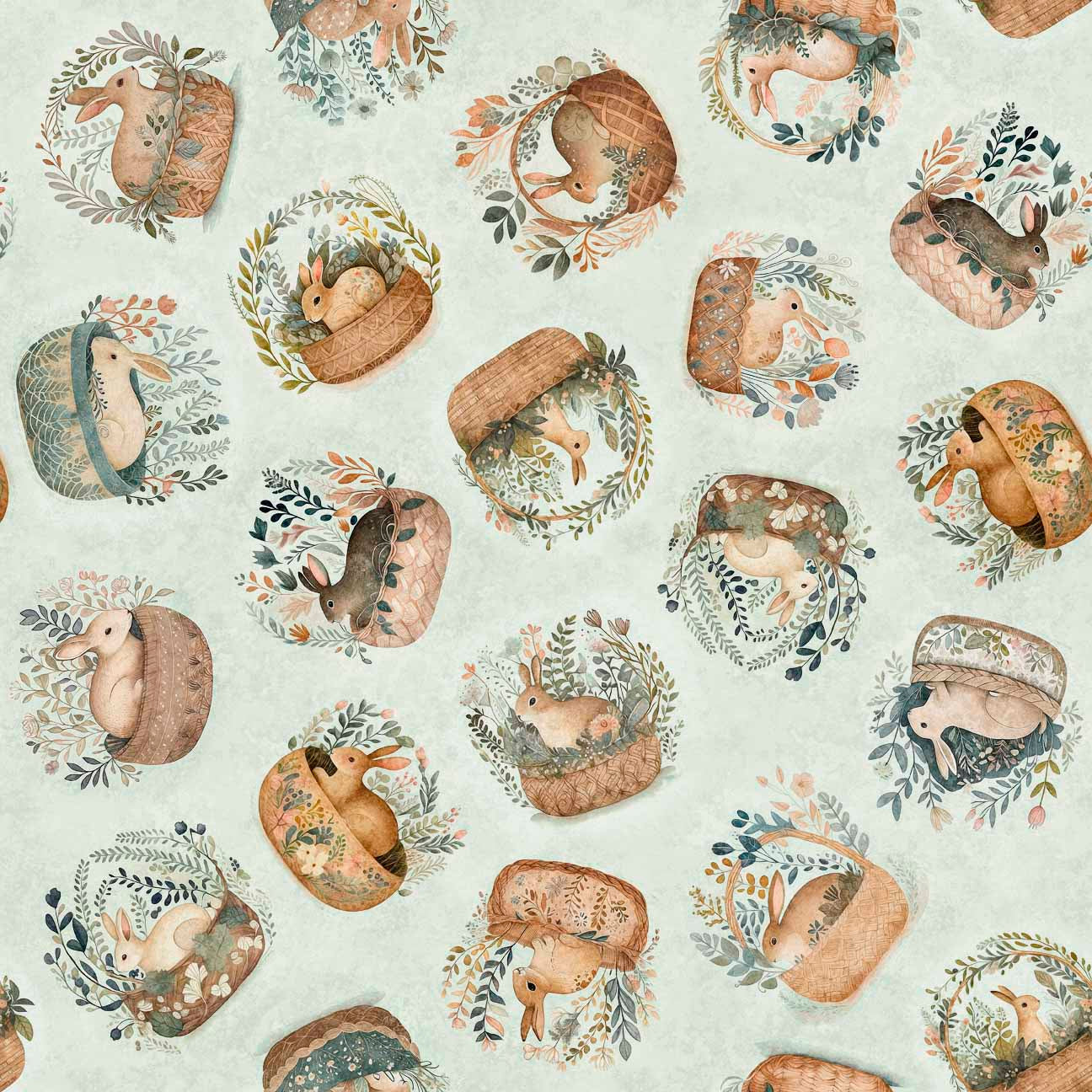 Quilting Treasures Easter Cotton Tails Rabbit & Basket Toss on Sage