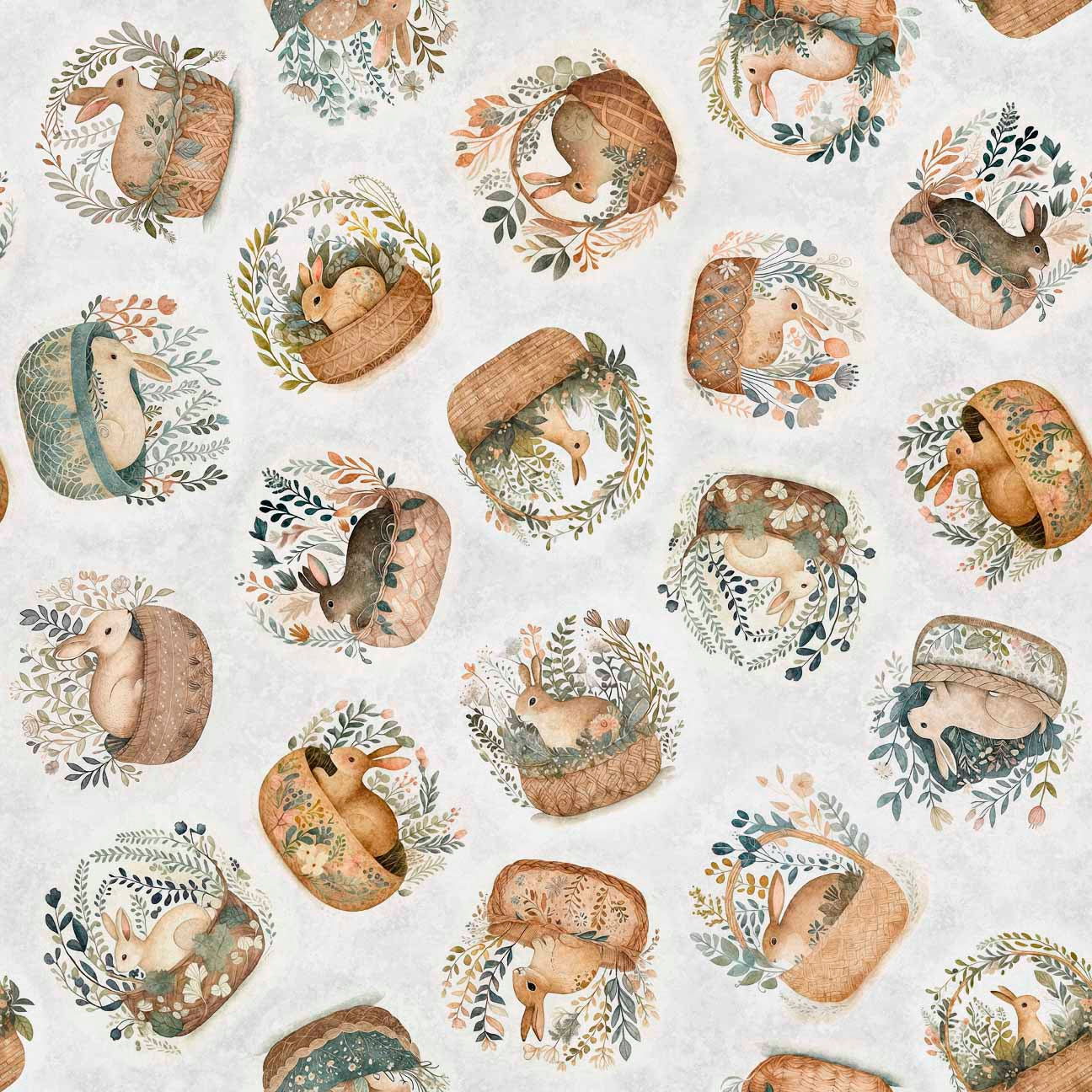 Quilting Treasures Easter Cotton Tails Rabbit & Basket Toss on Gray