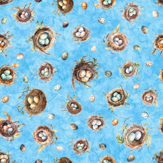 Quilting Treasures Easter Birdsong Bird Nests and Eggs on Blue