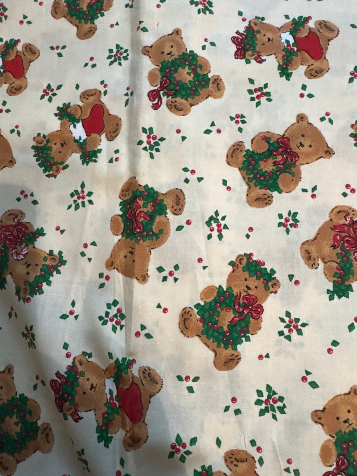 Christmas Vintage Teddy Bears with Wreaths on Cream 100% Lightweight Cotton Price per Yard