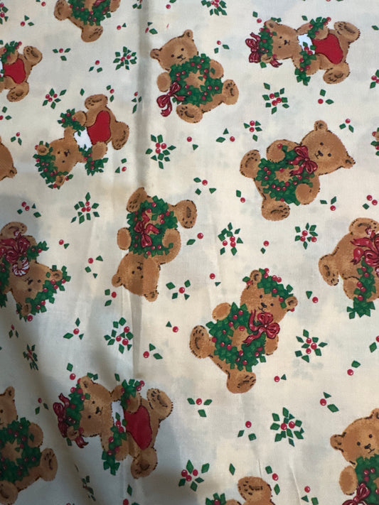 Christmas Vintage Teddy Bears with Wreaths on Cream 100% Lightweight Cotton Price per Yard