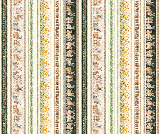 Quilting Treasures Easter Hunny Bunny Buniesy & Floral Border Stripe on multi