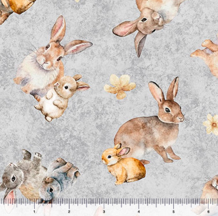 Quilting Treasures Easter Hunny Bunny Tossed Bunnies on gray