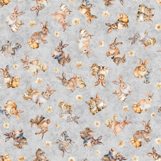 Quilting Treasures Easter Hunny Bunny Tossed Bunnies on gray