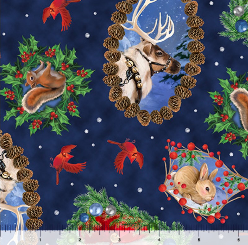 QT Fabrics Christmas  Santa and Animal Portrait Toss on Navy Blue 100% Cotton Price per Yard
