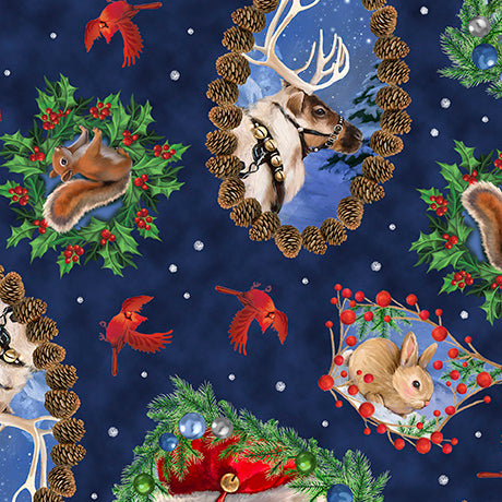 QT Fabrics Christmas  Santa and Animal Portrait Toss on Navy Blue 100% Cotton Price per Yard