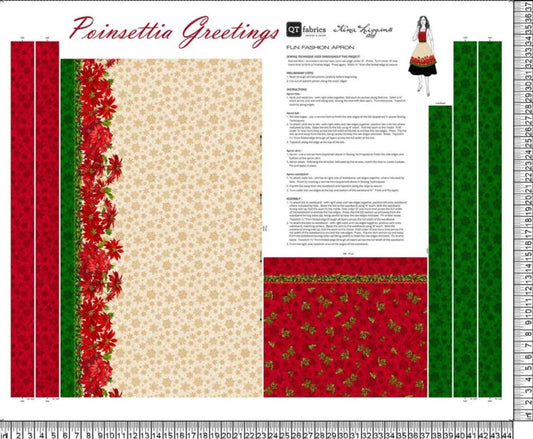 Christmas Poinsettia Greetings Apron Panel 100% Cotton Fabric