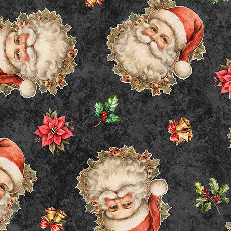 QT Fabrics Christmas Santa Portraits on Charcoal Black 100% Cotton Price per Yard
