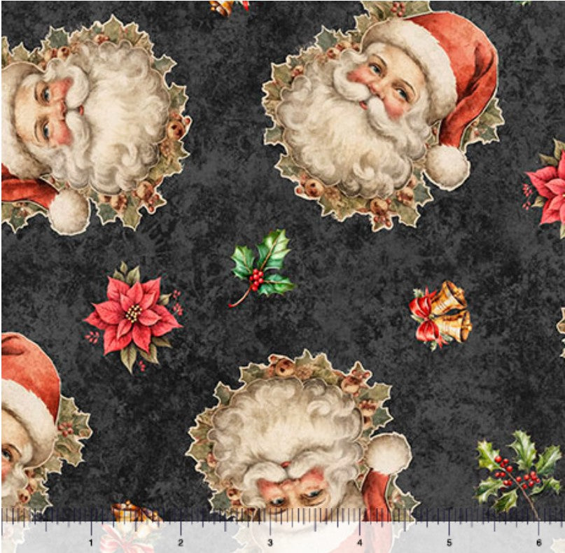 QT Fabrics Christmas Santa Portraits on Charcoal Black 100% Cotton Price per Yard