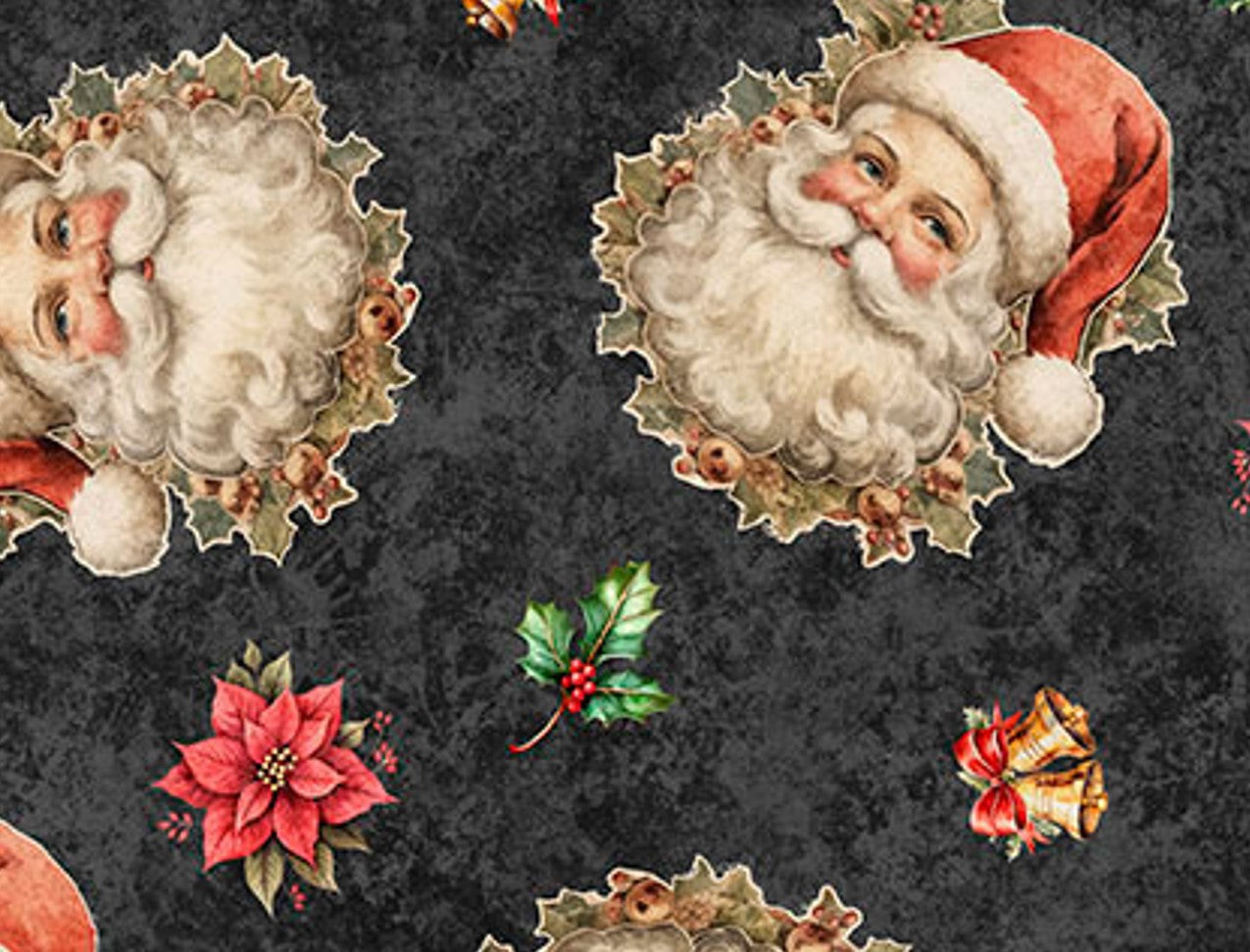 QT Fabrics Christmas Santa Portraits on Charcoal Black 100% Cotton Price per Yard