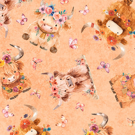 QT Fabrics Baby Highland Cows Peach Novelty 100% Cotton Price per Yard