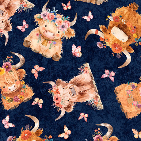 QT Fabrics Baby Highland Cows Navy Novelty 100% Cotton Price per Yard