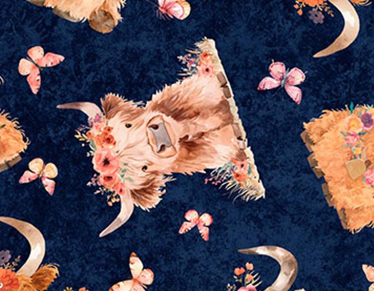 QT Fabrics Baby Highland Cows Navy Novelty 100% Cotton Price per Yard