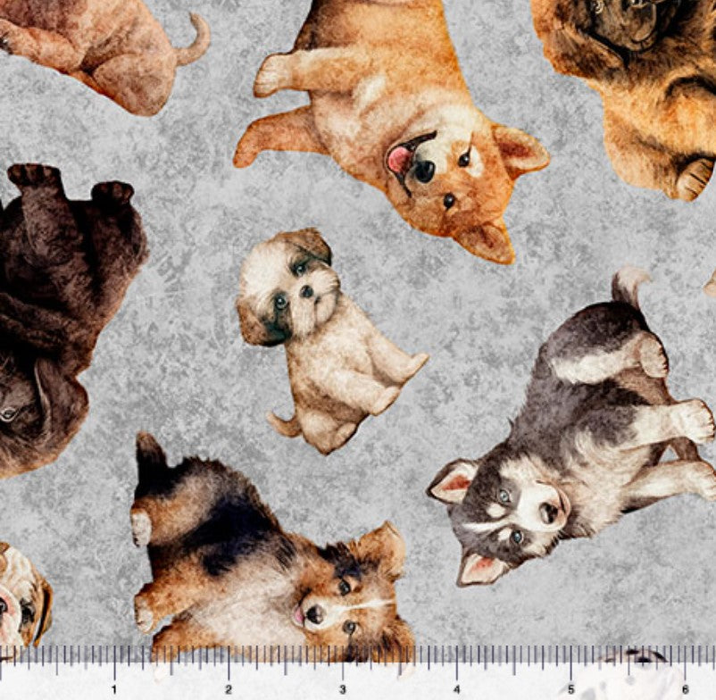QT Fabrics Puppy Toss on Gray Novelty 100% Cotton Price per Yard