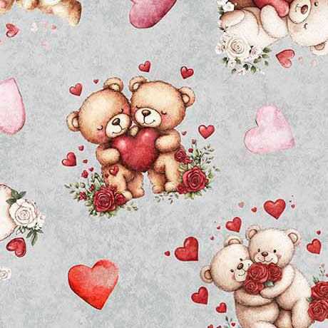 Valentines Bears and Hearts on Gray 100% Cotton Price per Yard