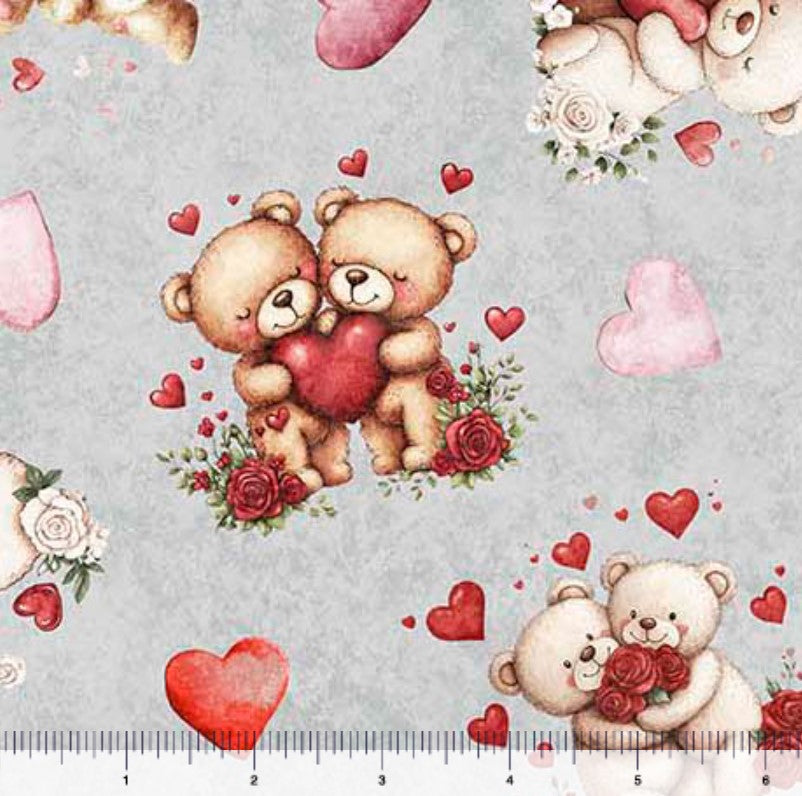 Valentines Bears and Hearts on Gray 100% Cotton Price per Yard