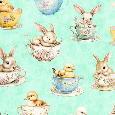 Easter Bunnies and Chicks in Teacups on Light Aqua