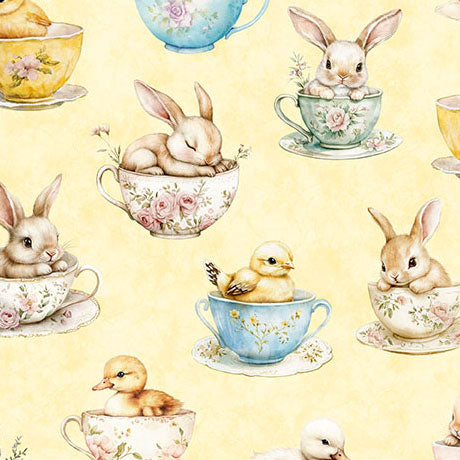 Easter Bunnies and Chicks in Teacups on Light Yellow