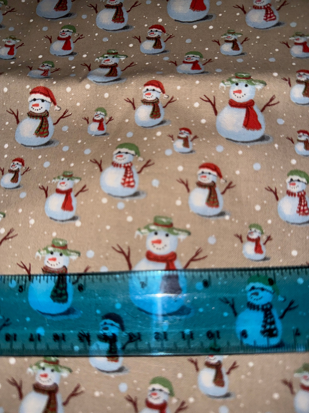 Christmas Snowmen Family on Tan 100% Cotton Fabric