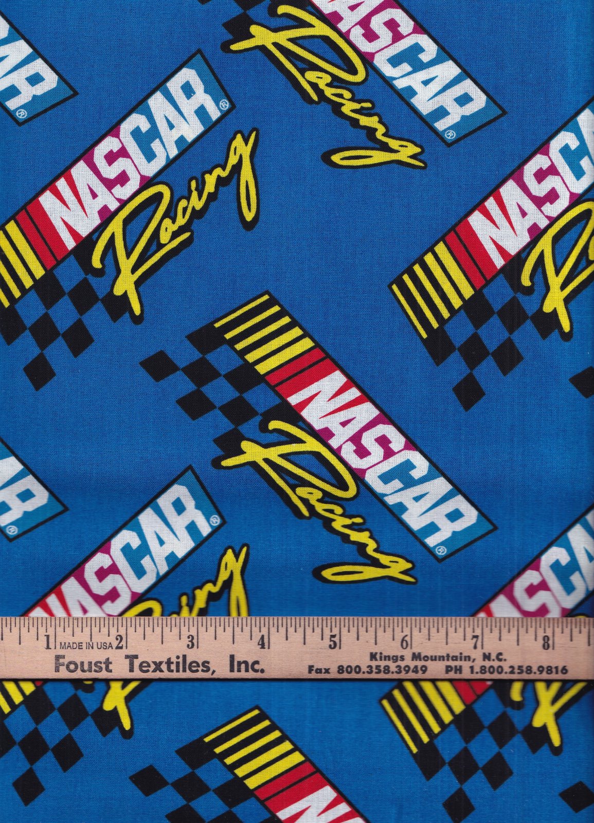 NASCAR Retro Racing on Blue 100% Cotton Fabric All Over Print Price per Yard