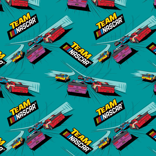 45 x 36 NASCAR Cars on the Speedway on Teal 100% Cotton Fabric All Over Print