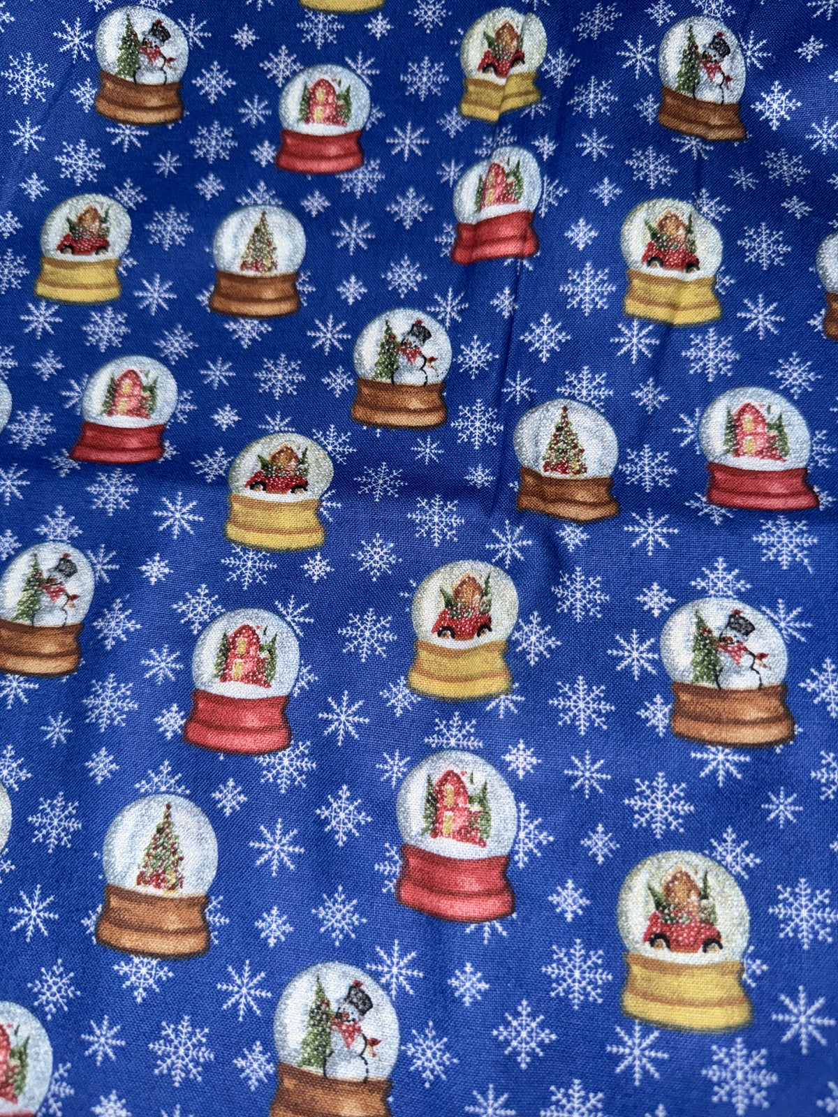 Christmas Snow Globes and Snowflakes on Blue 100% Cotton Fabric