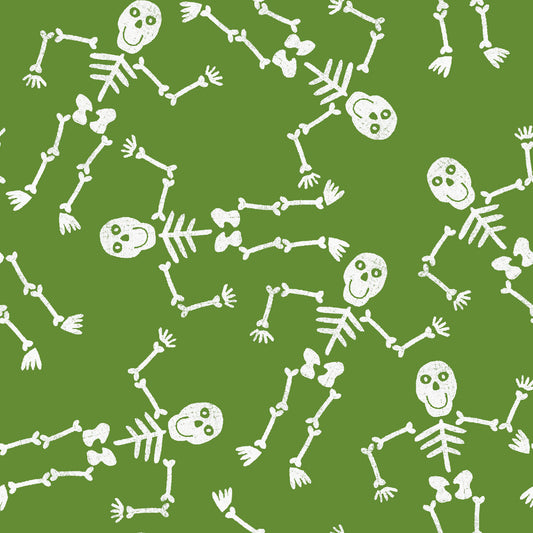 White skeleton illustrations on a green background