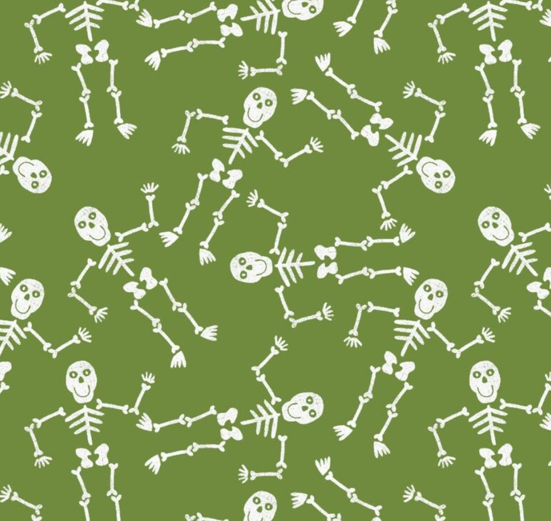 3 Wishes Fabric Halloween Skeletons on Green 100% Cotton Price per Yard