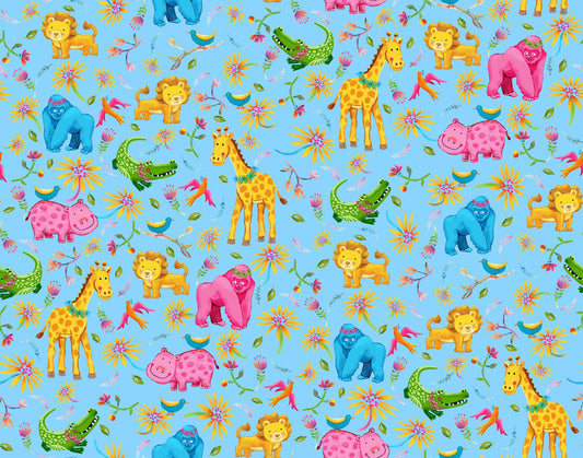 44 x 36 FLANNEL Jungle Animals on Aqua Oasis Fabrics 100% Cotton Baby